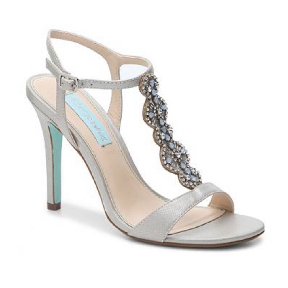 Betsey Johnson “Chloe” sandals with bejeweled t strap heels